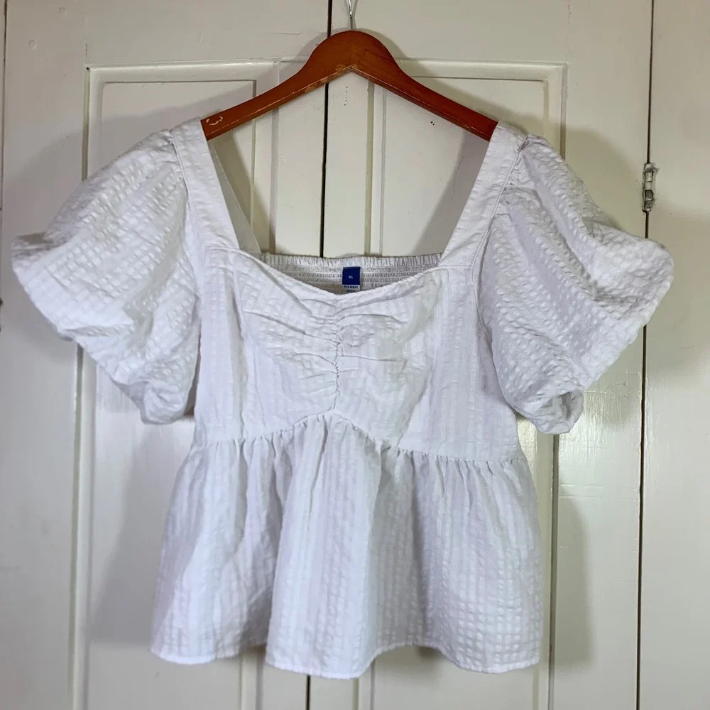 Old Navy Women XL White Seersucker Puff Sleeve Babydoll Top Square Neck Cottage